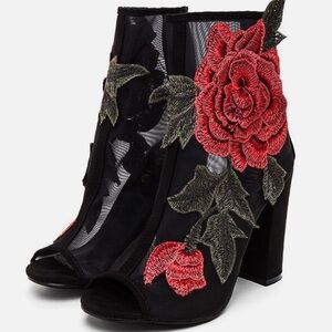 Floral Embroidered Black Ankle Boots